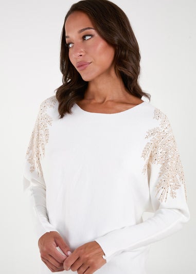 Blue Vanilla Ivory Embellished Shoulder Jumper