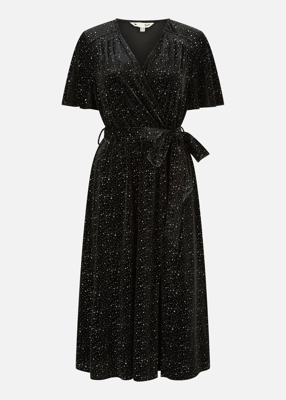 Yumi Black Velvet Sparkle Wrap Midi Dress