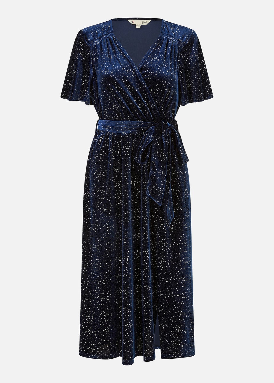 Yumi Navy Velvet Sparkle Wrap Midi Dress