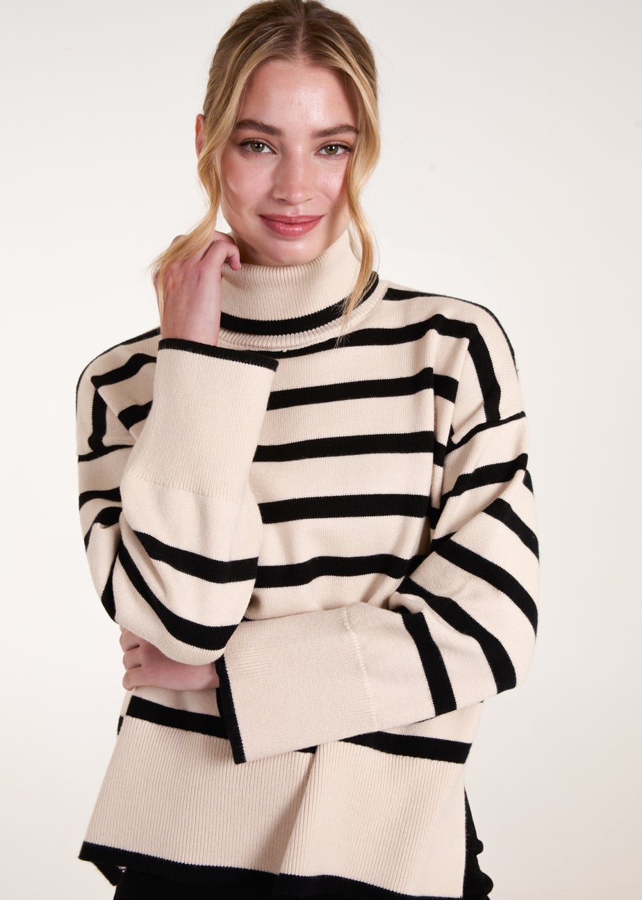 Blue Vanilla Cream Wide Stripe Roll Neck Jumper