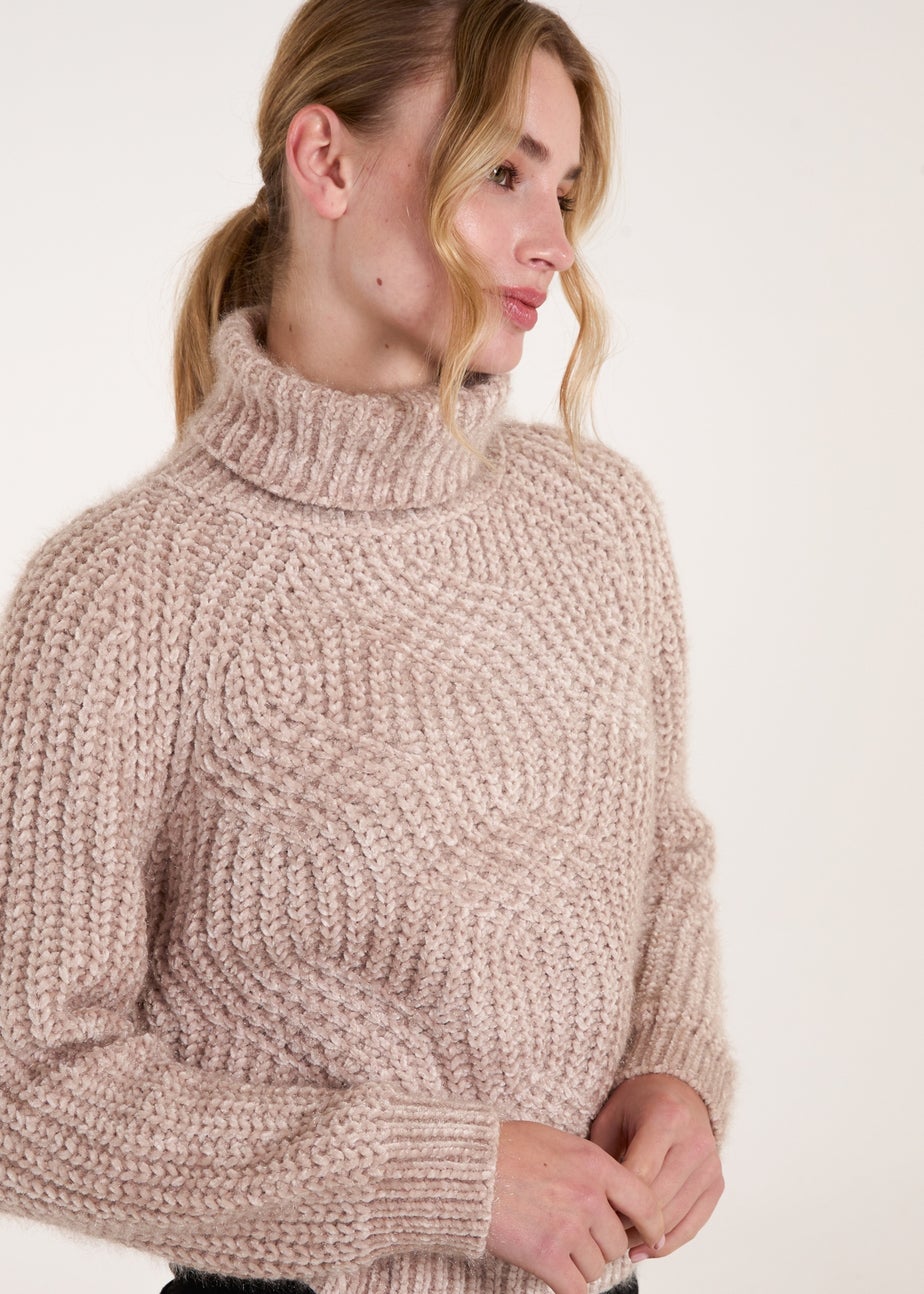Blue Vanilla Beige Chenille Roll Neck Knit Jumper
