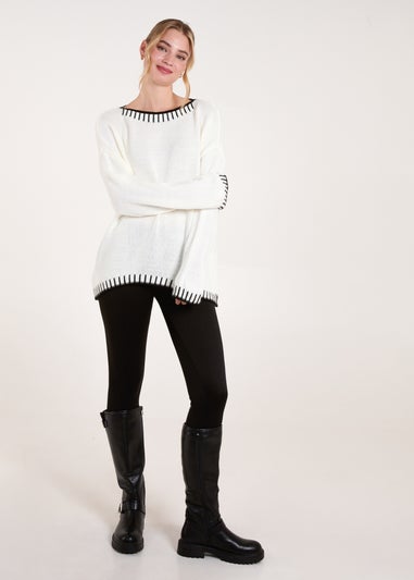 Blue Vanilla Cream Stitch Edge Round Neck Jumper