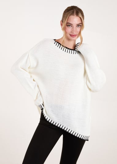 Blue Vanilla Cream Stitch Edge Round Neck Jumper