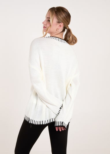 Blue Vanilla Cream Stitch Edge Round Neck Jumper