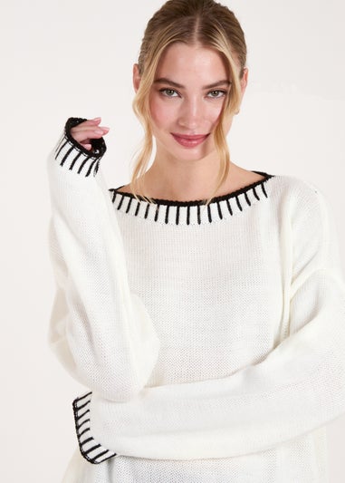 Blue Vanilla Cream Stitch Edge Round Neck Jumper