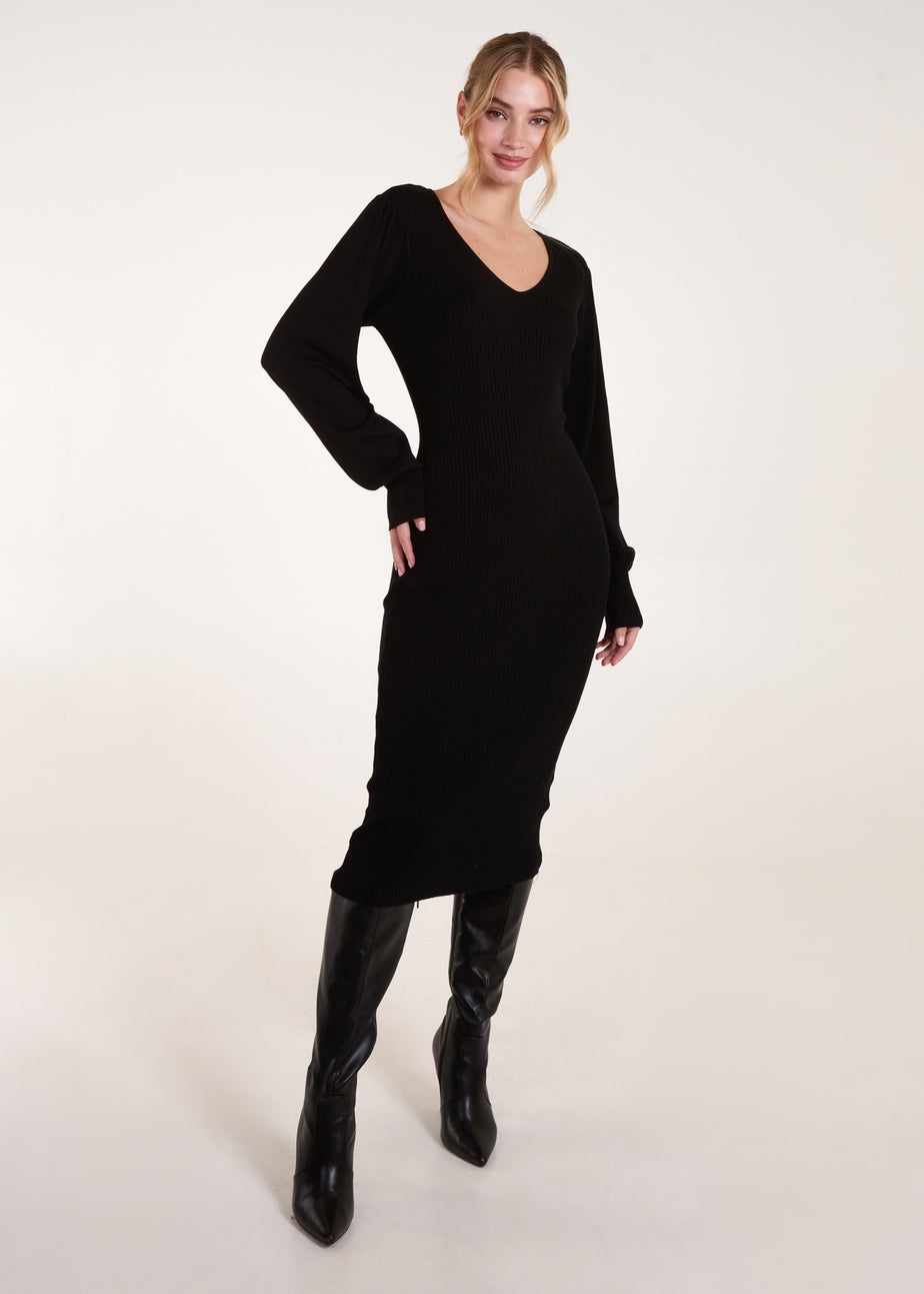 Blue Vanilla Black V-Neck Ribbed Dress