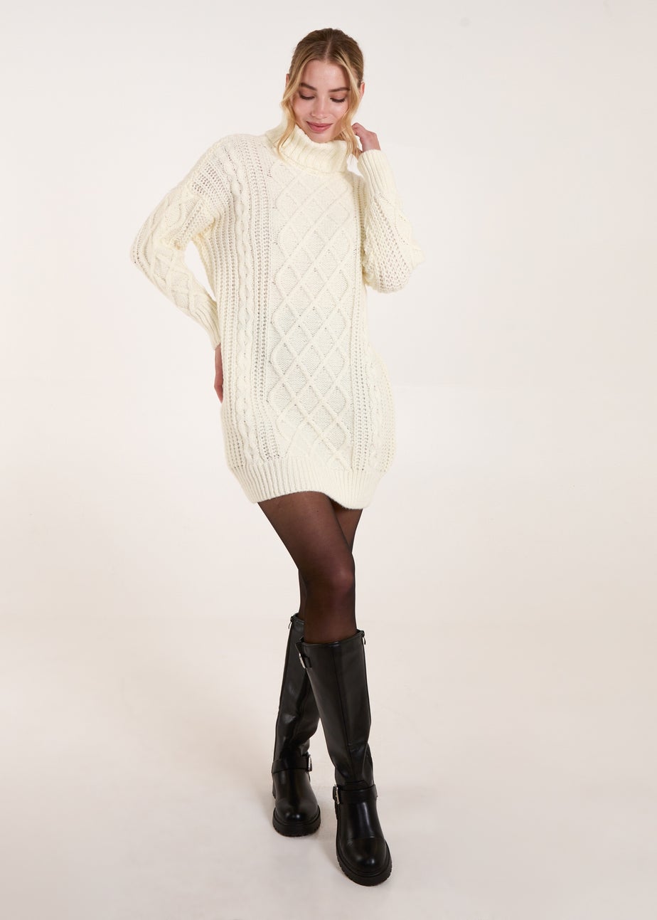 Blue Vanilla Cream Cable Knit Roll Neck Jumper Dress