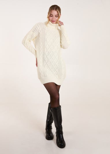Blue Vanilla Cream Cable Knit Roll Neck Jumper Dress