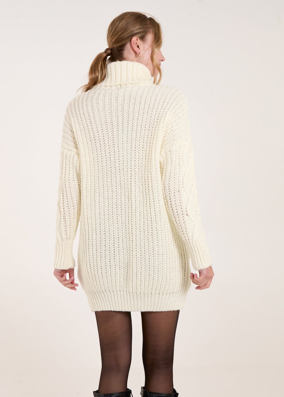 Blue Vanilla Cream Cable Knit Roll Neck Jumper Dress