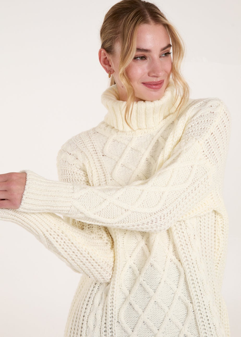 Blue Vanilla Cream Cable Knit Roll Neck Jumper Dress