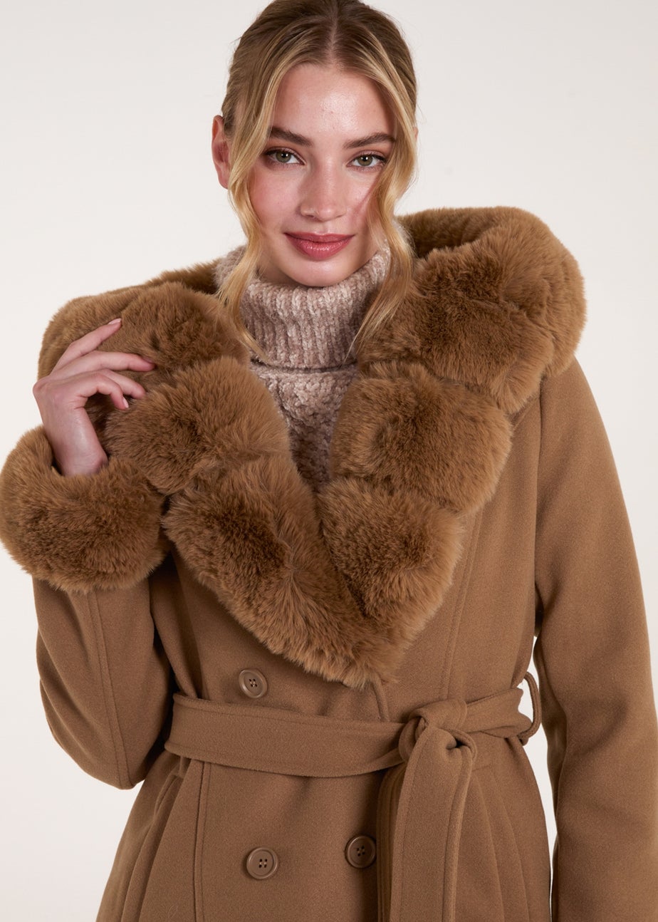 Blue Vanilla Camel Faux Fur Trim Double Breasted Coat