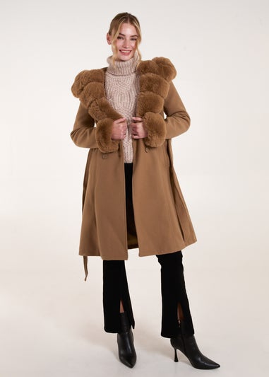 Blue Vanilla Camel Faux Fur Trim Double Breasted Coat