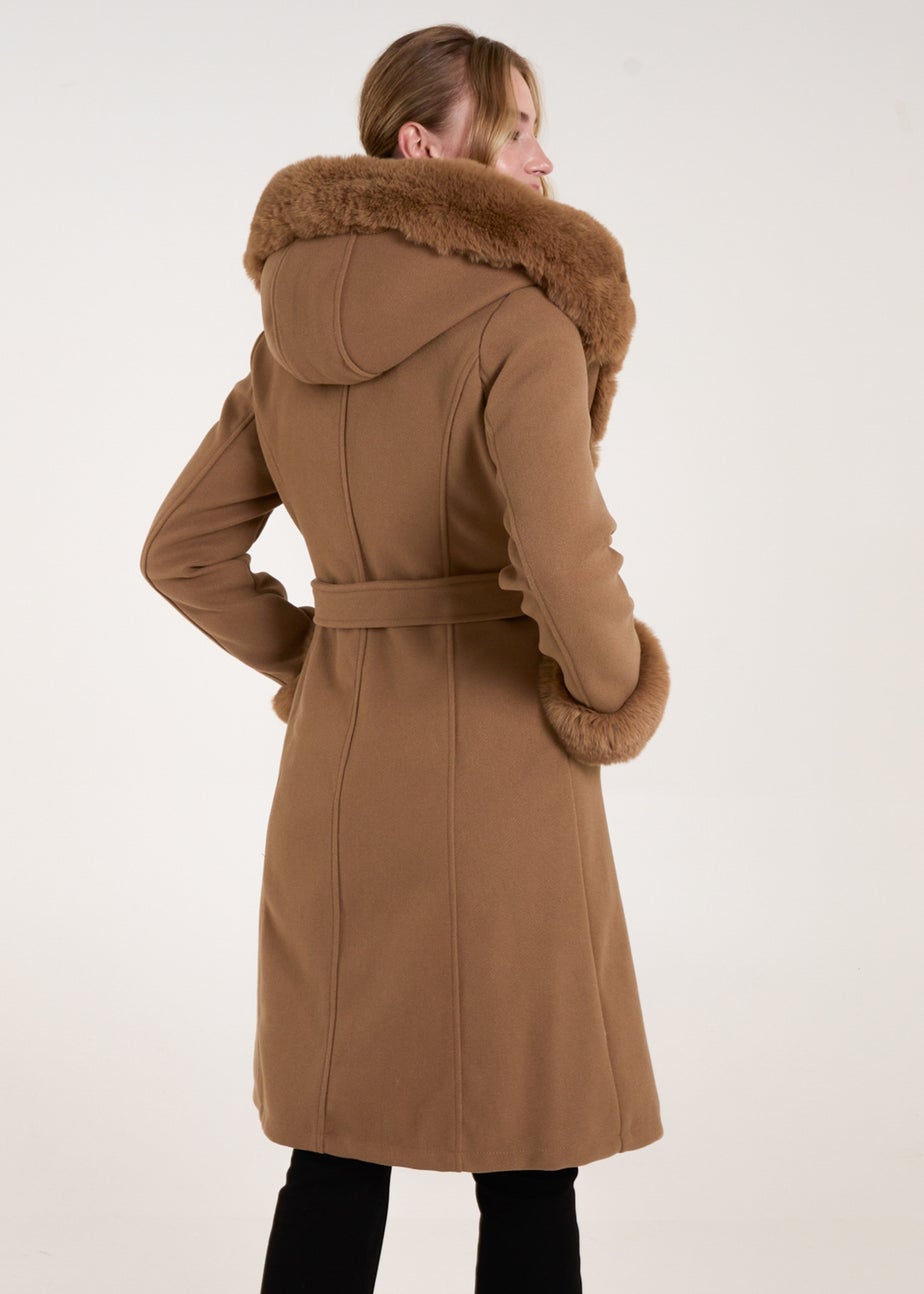 Blue Vanilla Camel Faux Fur Trim Double Breasted Coat