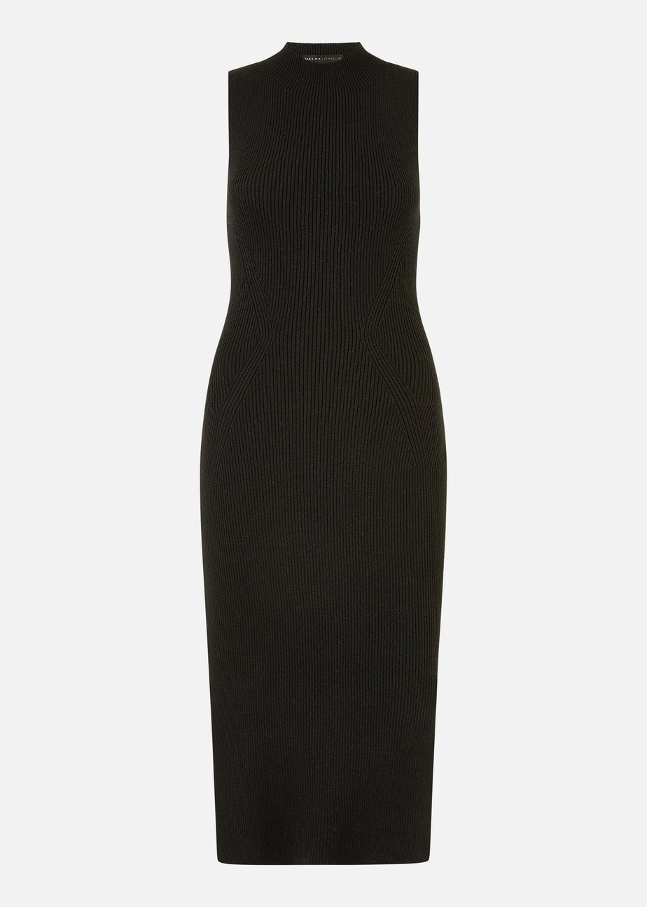 Yumi Black Metallic Fitted High Neck Midi Dress