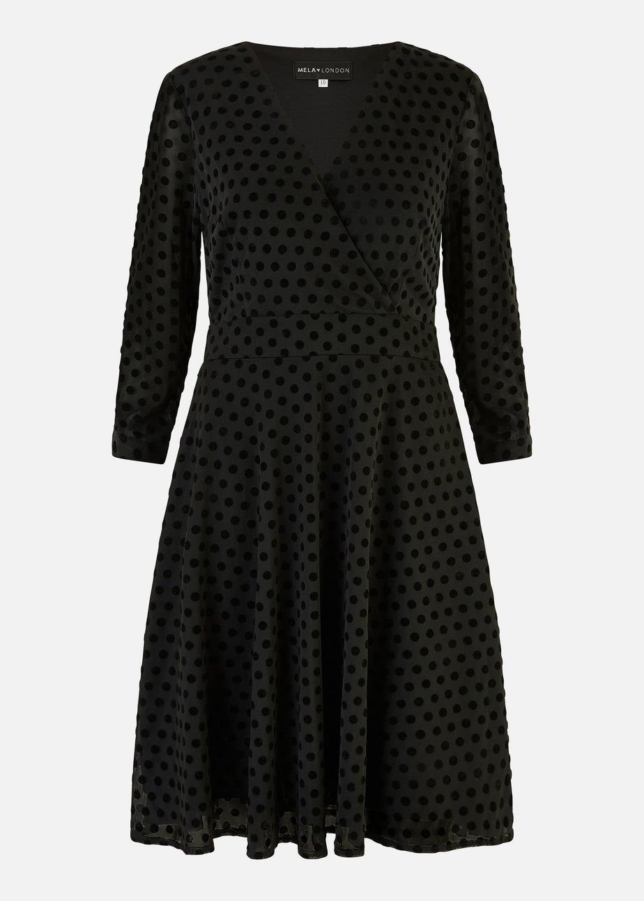 Yumi Black Velour Spot Wrap Skater Dress