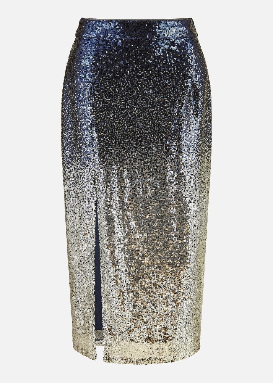 Yumi Navy & Silver Sequin Split Fitted Midi Skirt
