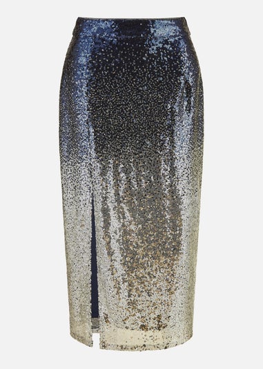 Yumi Navy & Silver Sequin Split Fitted Midi Skirt