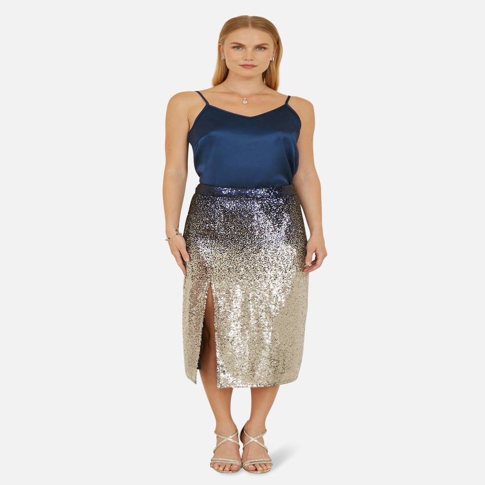 Yumi Navy & Silver Sequin Split Fitted Midi Skirt