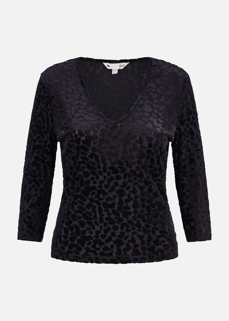 Yumi Black Velvet Leopard V Neck Top