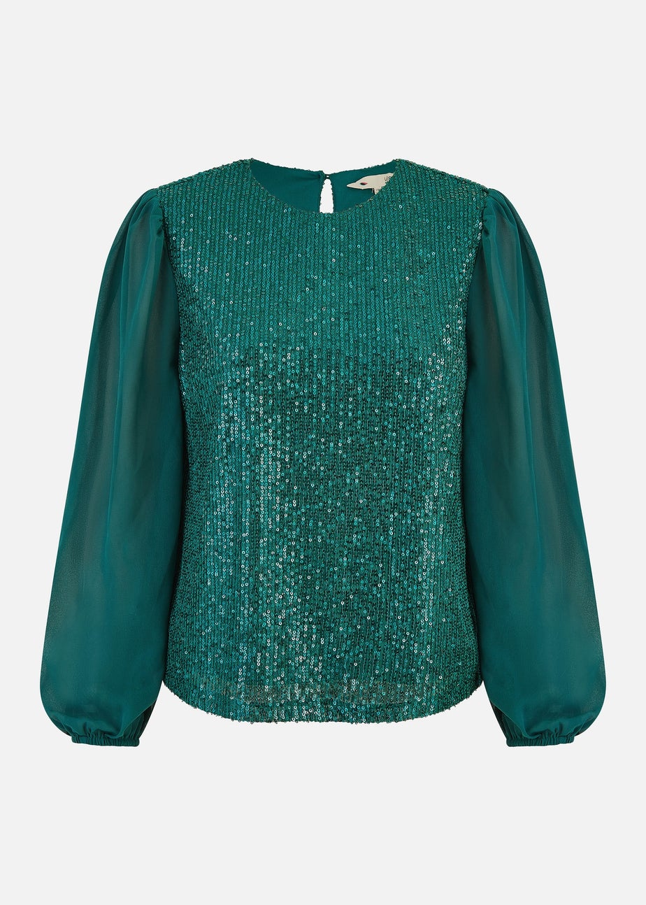 Yumi Green Sequin Top With Sheer Sleeves
