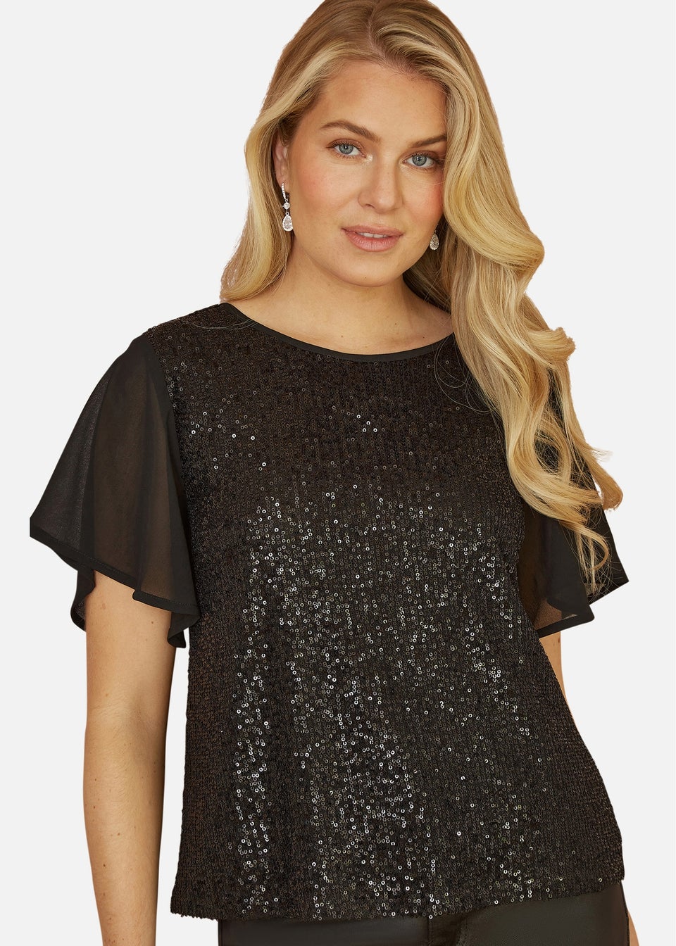 Yumi Black Sequin Top With Sheer Sleeves & Cut Out Back