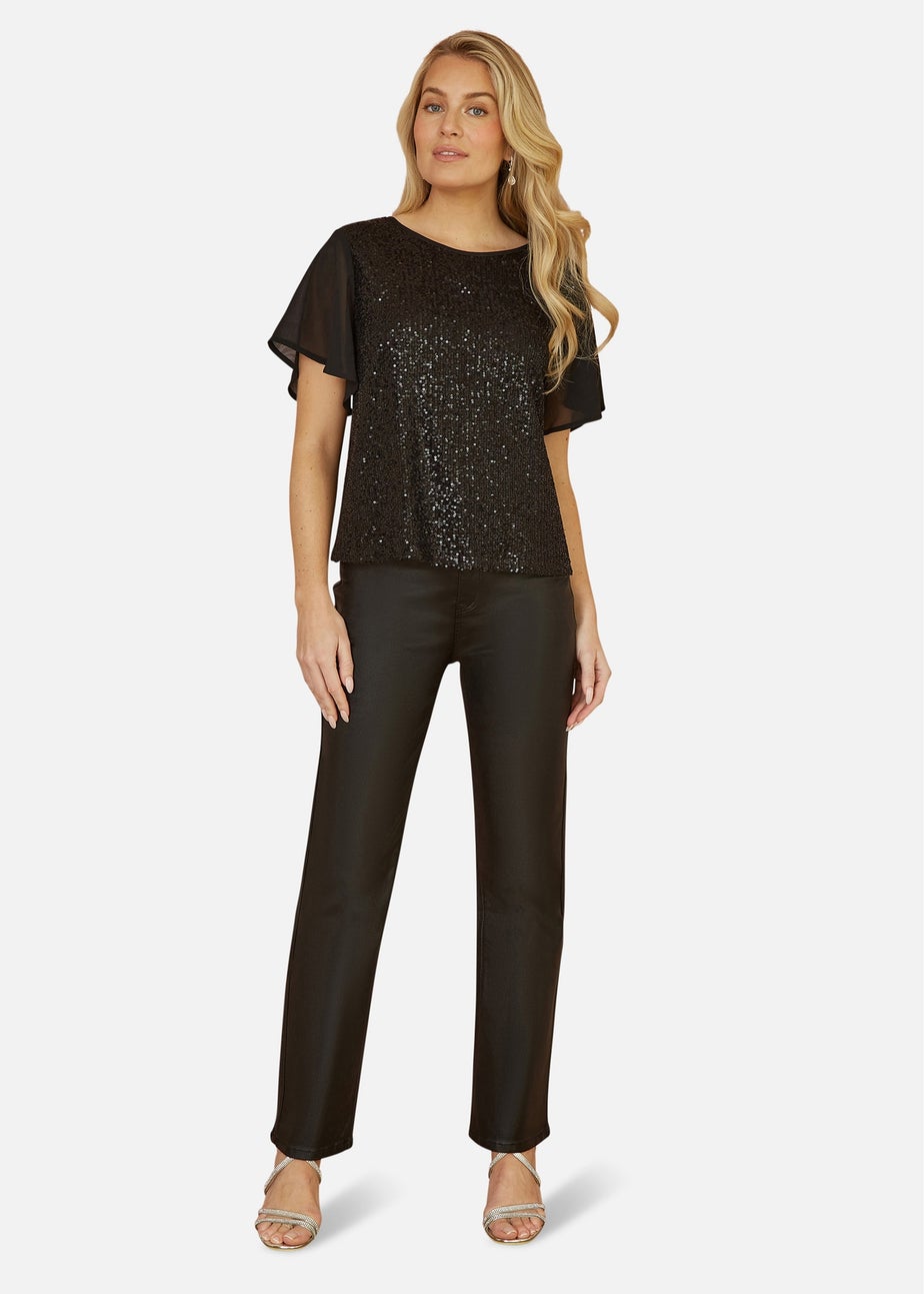 Yumi Black Sequin Top With Sheer Sleeves & Cut Out Back