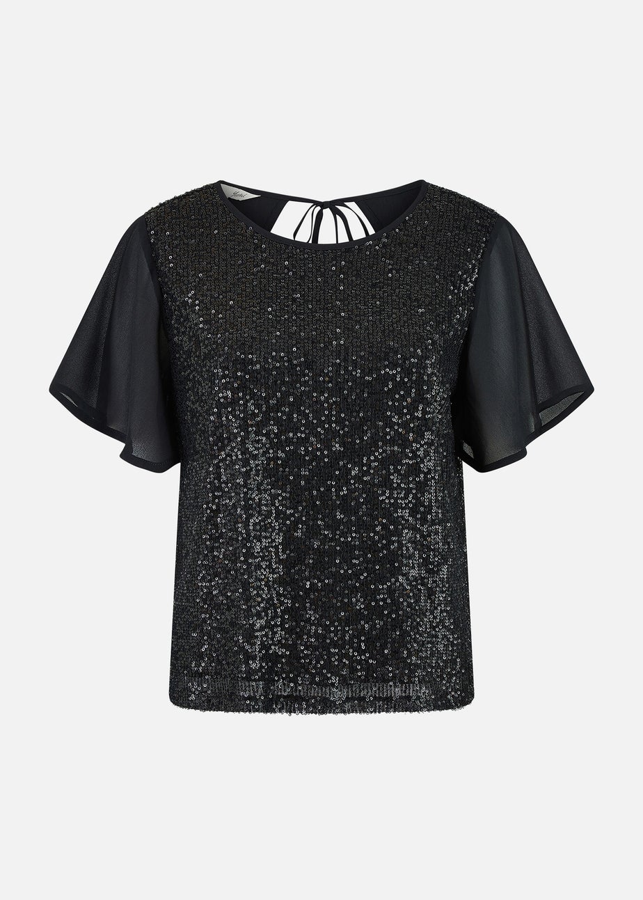 Yumi Black Sequin Top With Sheer Sleeves & Cut Out Back