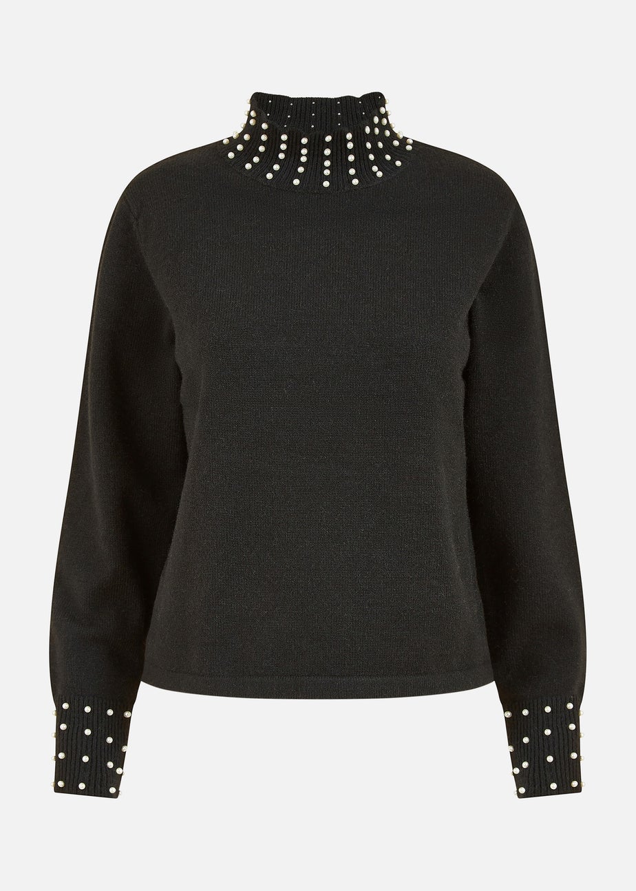Mela Black Pearl Detail High Neck Jumper