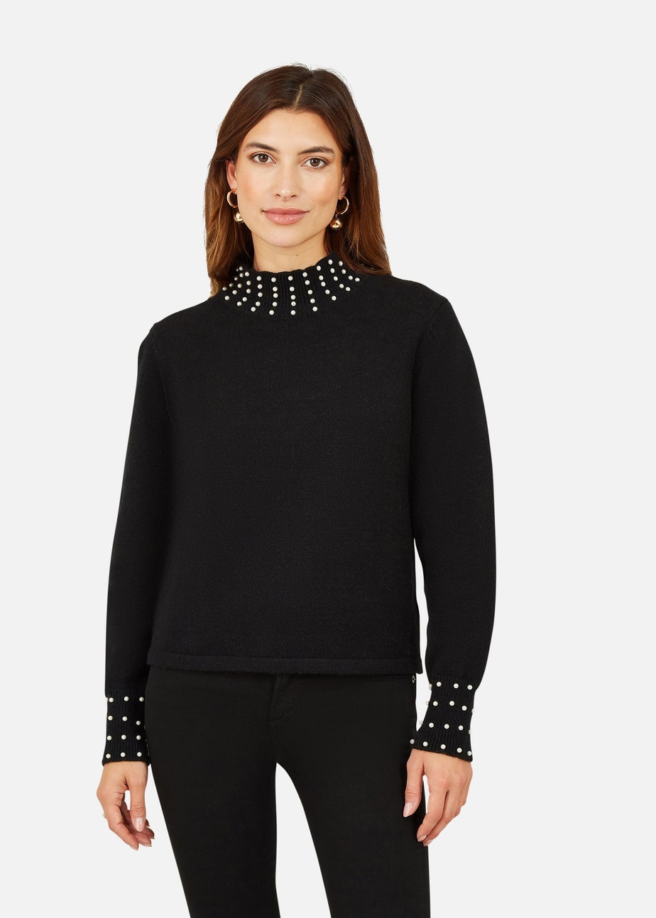 Mela Black Pearl Detail High Neck Jumper