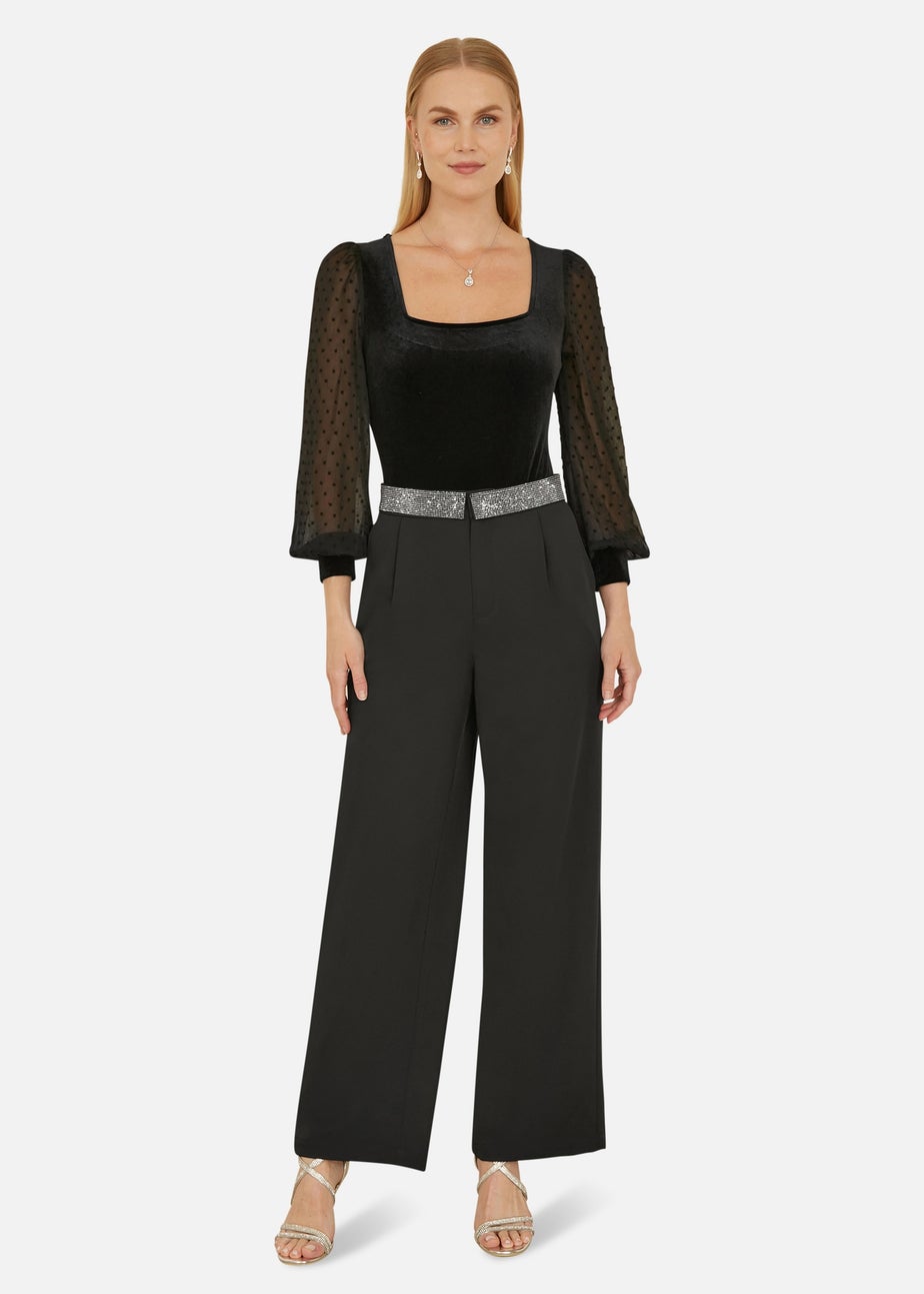 Mela Black Velvet Bodysuit With Sheer Sleeves And Square Neckline