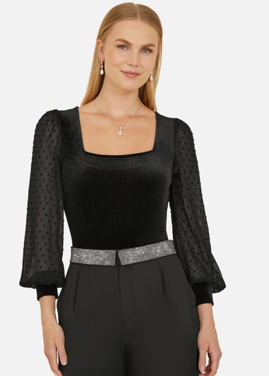 Mela Black Velvet Bodysuit With Sheer Sleeves And Square Neckline