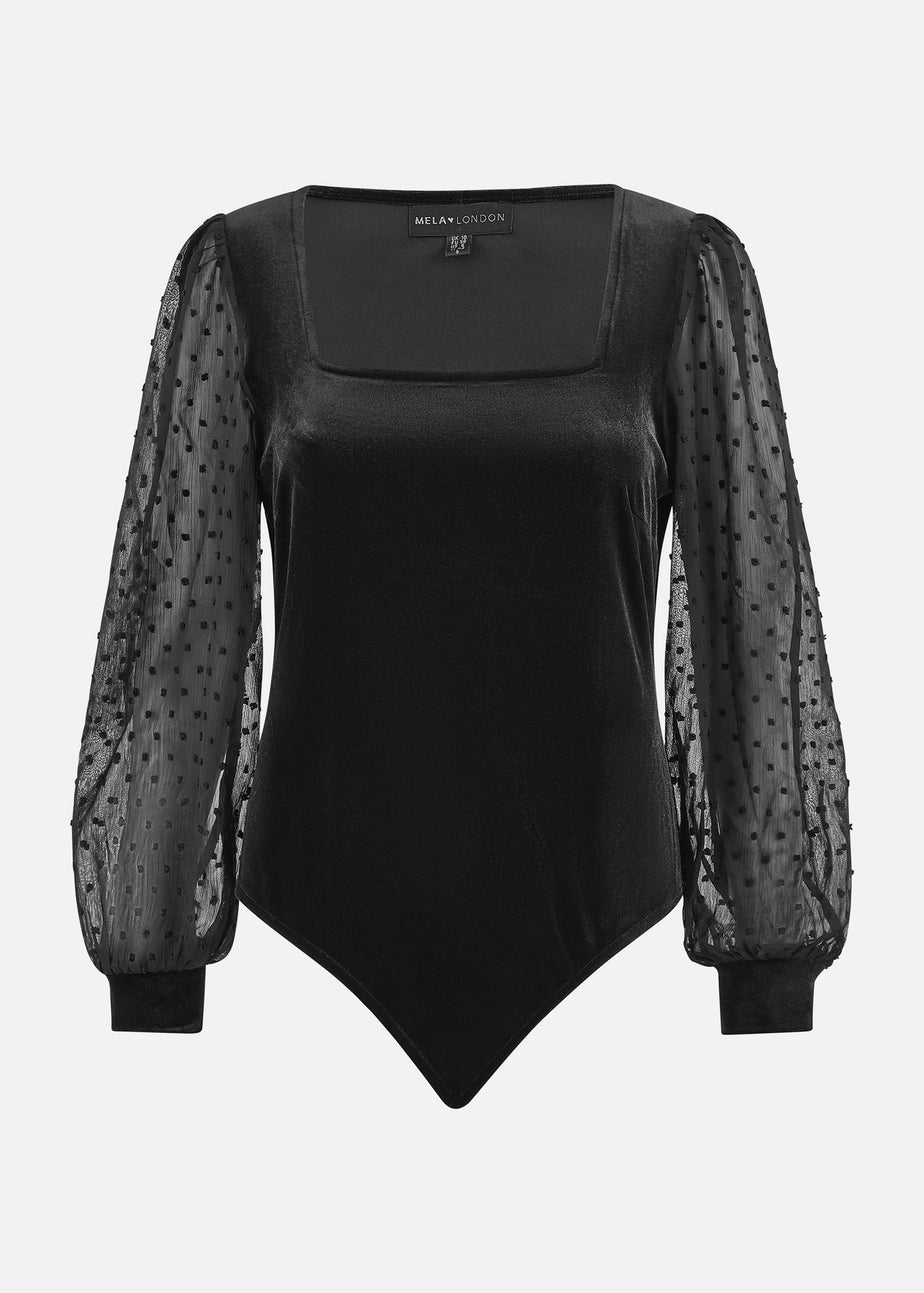 Mela Black Velvet Bodysuit With Sheer Sleeves And Square Neckline