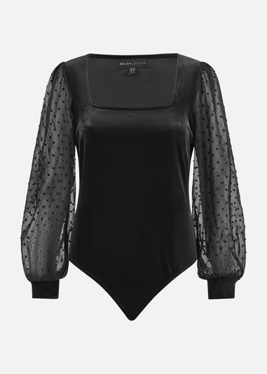 Mela Black Velvet Bodysuit With Sheer Sleeves And Square Neckline