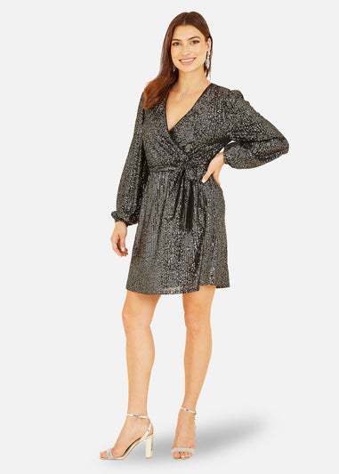 Mela Black Sequin Belted Wrap Long Sleeve Dress