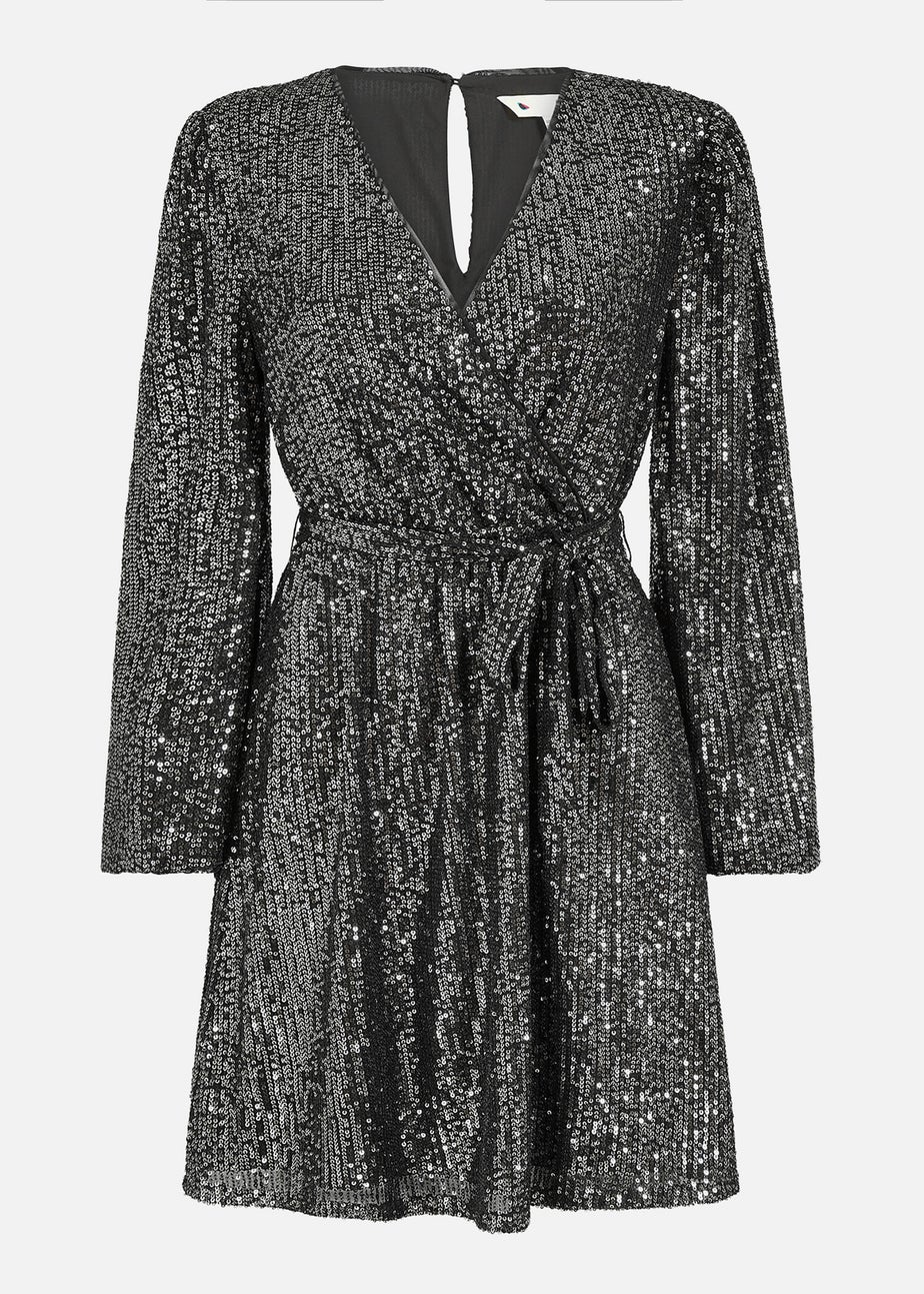 Mela Black Sequin Belted Wrap Long Sleeve Dress