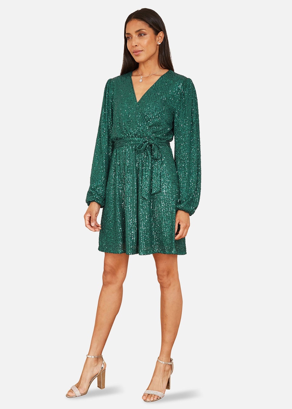 Mela Green Sequin Belted Wrap Long Sleeve Dress