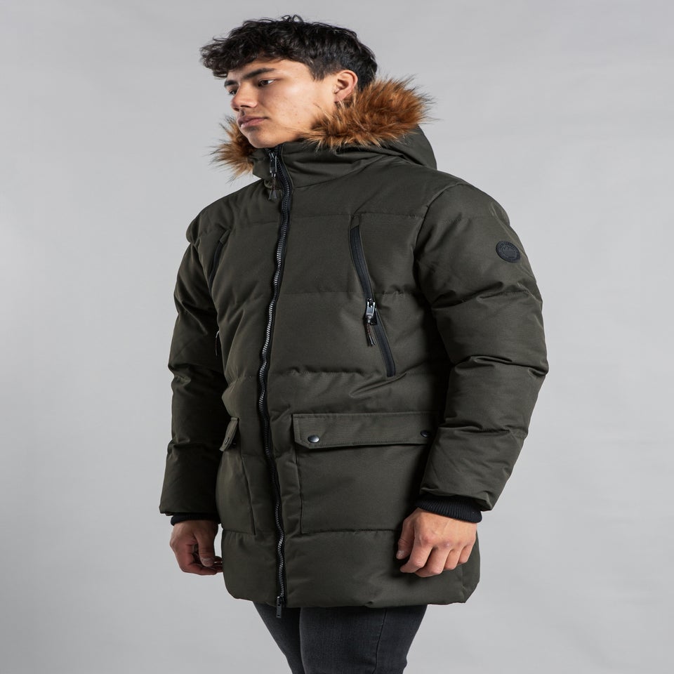 Tokyo Laundry Khaki Padded Longline Coat with Faux Fur Hood