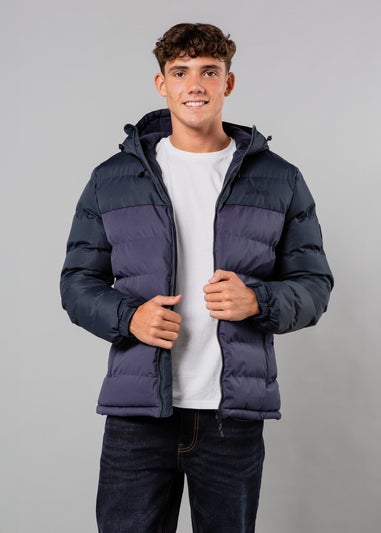 Tokyo Laundry Navy Colour Block Hooded Puffer Jacket with Microfleece Lining