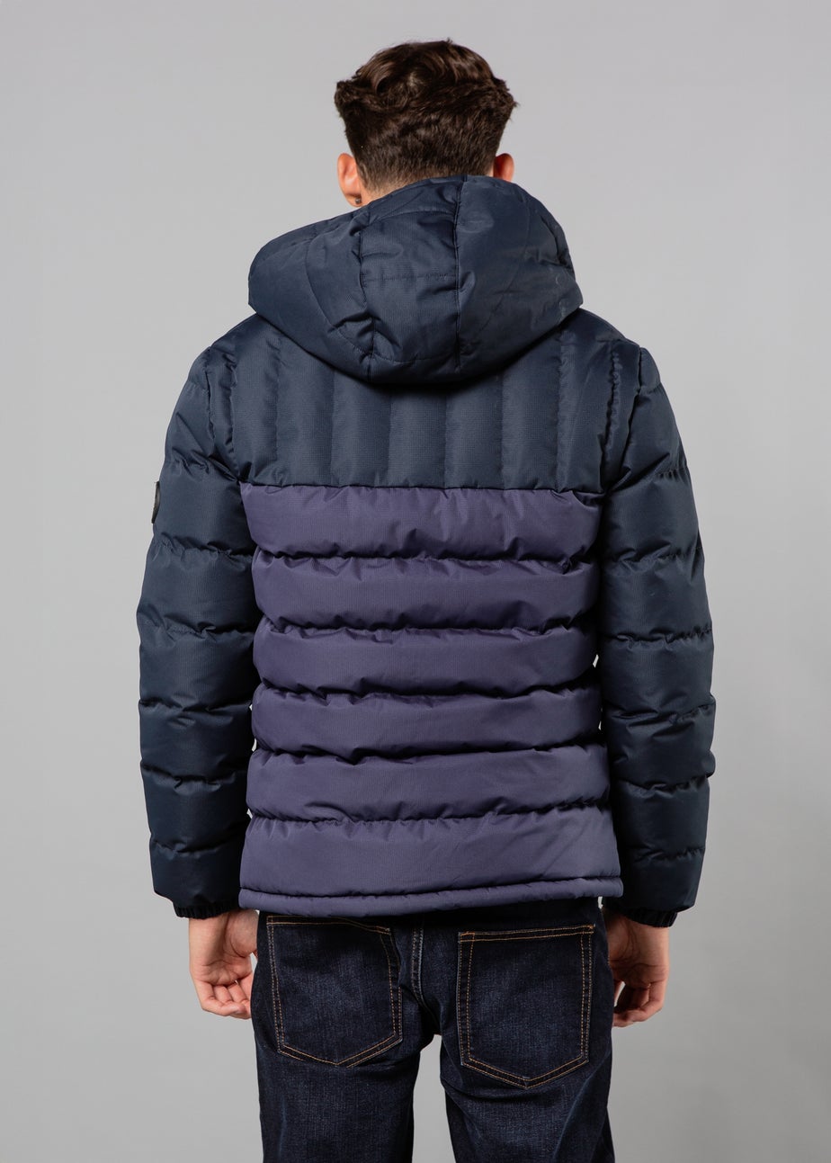 Tokyo Laundry Navy Colour Block Hooded Puffer Jacket with Microfleece Lining