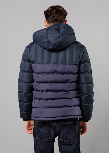 Tokyo Laundry Navy Colour Block Hooded Puffer Jacket with Microfleece Lining
