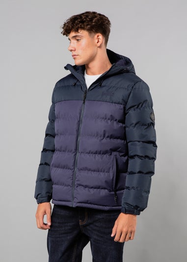 Tokyo Laundry Navy Colour Block Hooded Puffer Jacket with Microfleece Lining