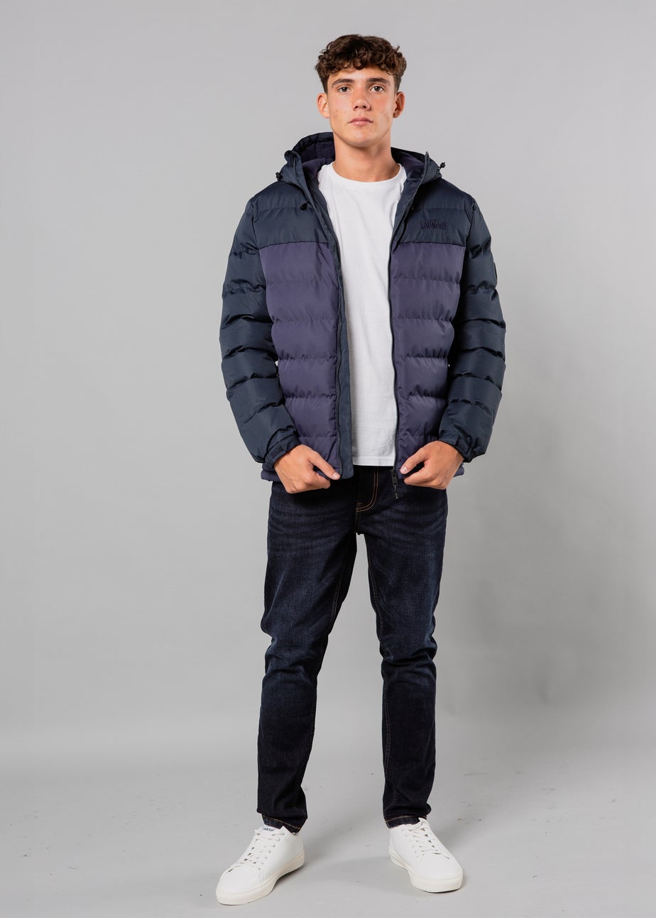 Tokyo Laundry Navy Colour Block Hooded Puffer Jacket with Microfleece Lining