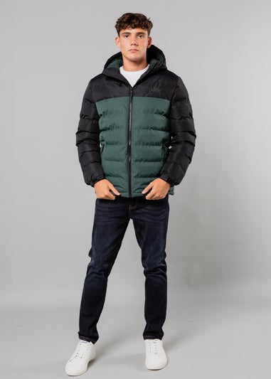 Tokyo Laundry Black Colour Block Hooded Puffer Jacket with Microfleece Lining