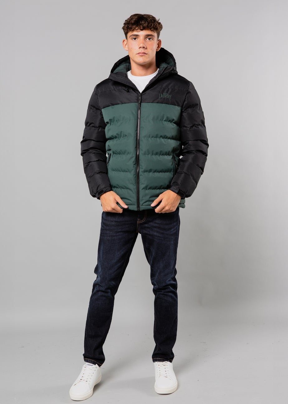 Tokyo Laundry Black Colour Block Hooded Puffer Jacket with Microfleece Lining