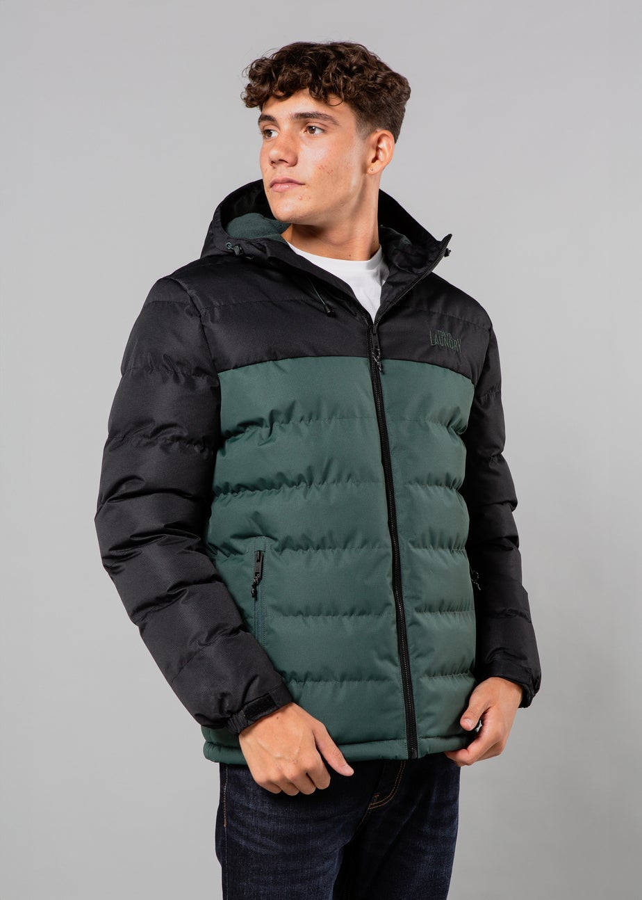 Tokyo Laundry Black Colour Block Hooded Puffer Jacket with Microfleece Lining