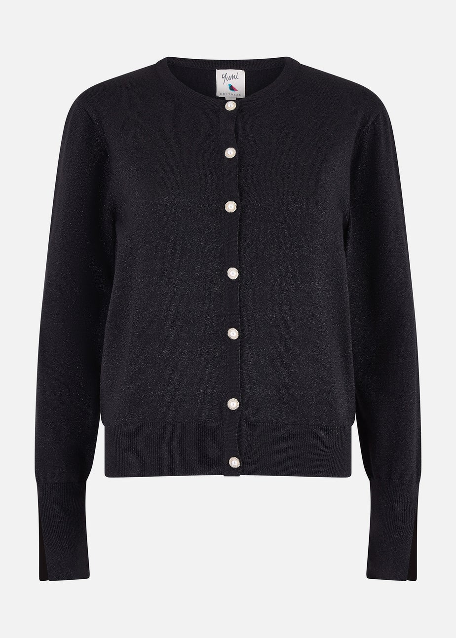 Yumi Black Metallic Knit Cardigan With Pearl Button Details