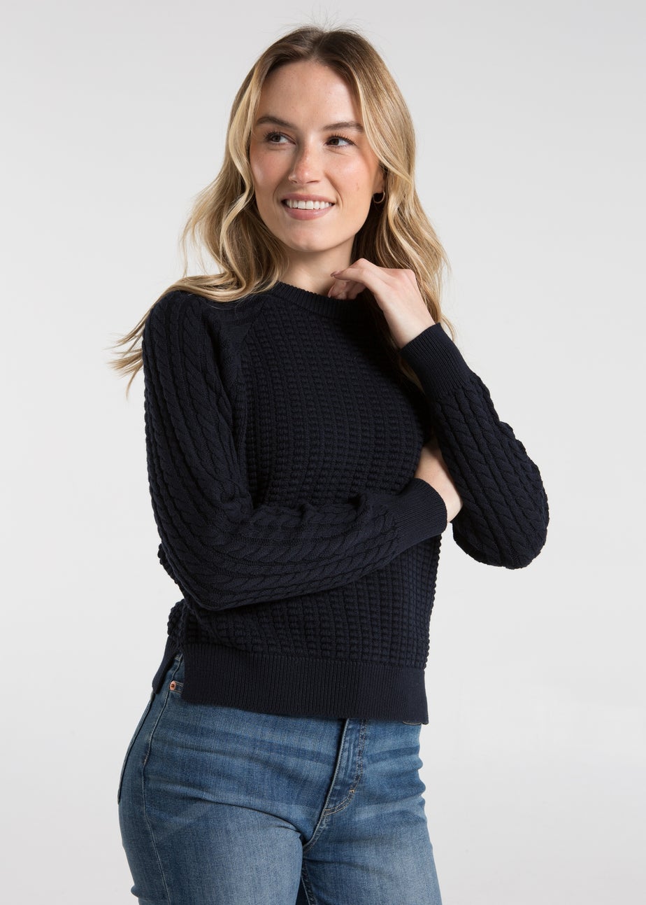 French Connection Navy Cotton Popcorn-Style Cable Knit Crew Neck Jumper