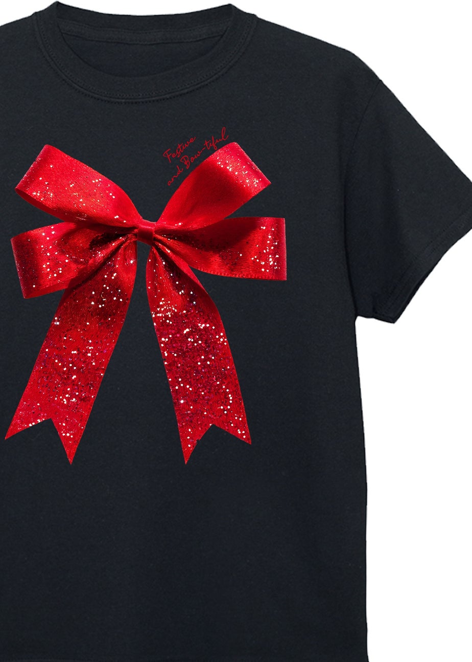Christmas Bow Kids Black T-Shirt (3-13 Years)