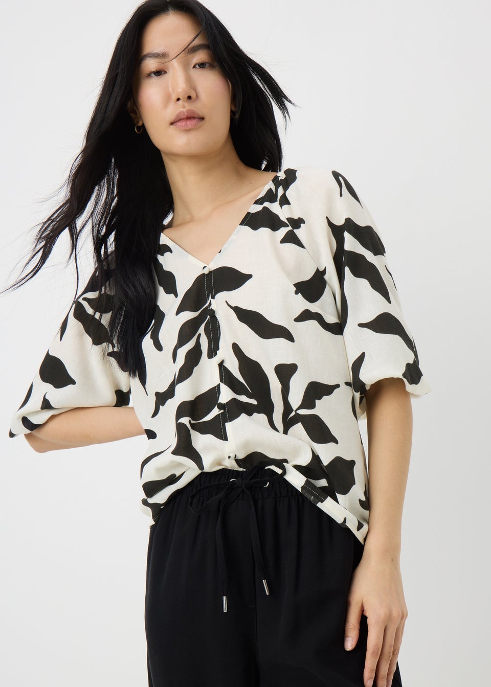 White Monochrome Leaf Tea Blouse
