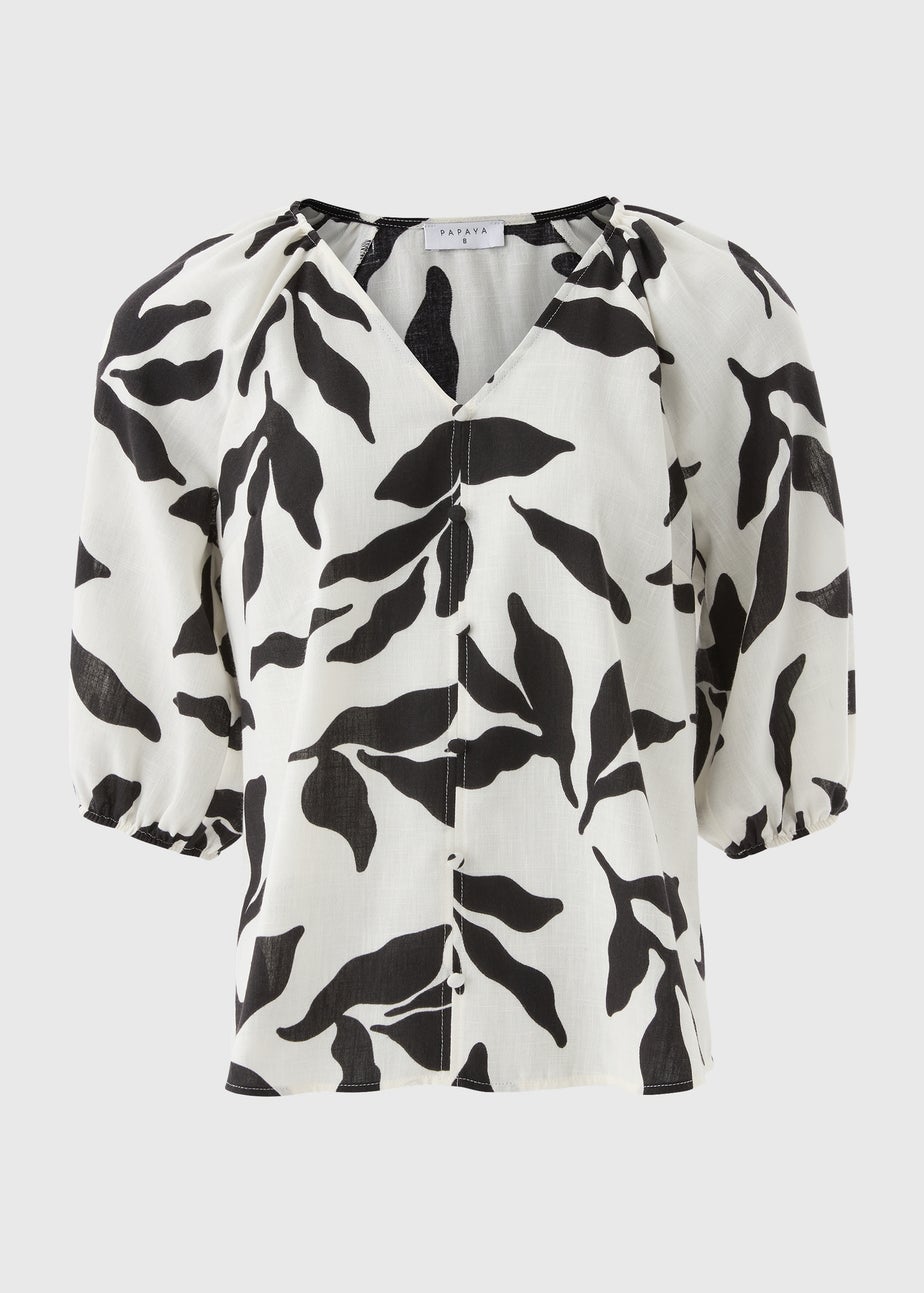 White Monochrome Leaf Tea Blouse